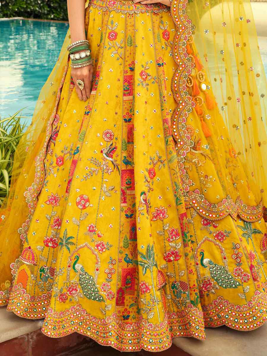 Yellow Heavy Pure Silk Embroidered Wedding Reception Festival Heavy Border Lehenga Choli