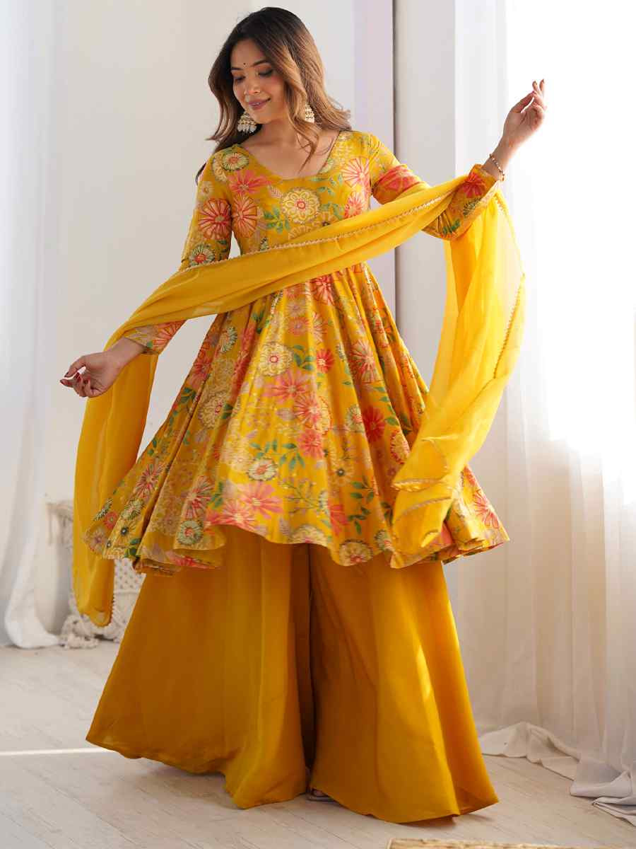 Yellow Heavy Pure Soft Roman Silk Chanderi Embroidered Festival Casual Ready Sharara Pant Salwar Kameez