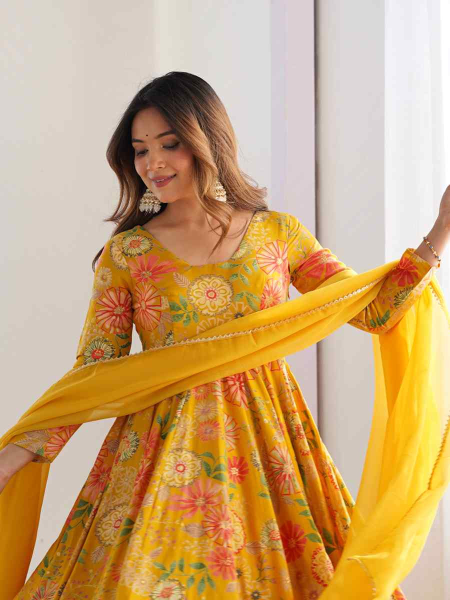 Yellow Heavy Pure Soft Roman Silk Chanderi Embroidered Festival Casual Ready Sharara Pant Salwar Kameez