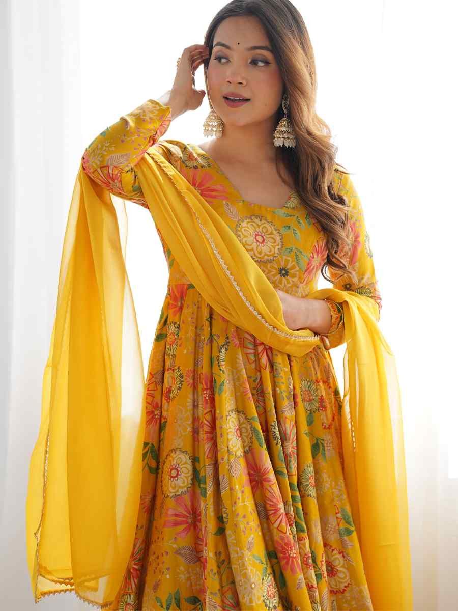 Yellow Heavy Pure Soft Roman Silk Chanderi Embroidered Festival Casual Ready Sharara Pant Salwar Kameez