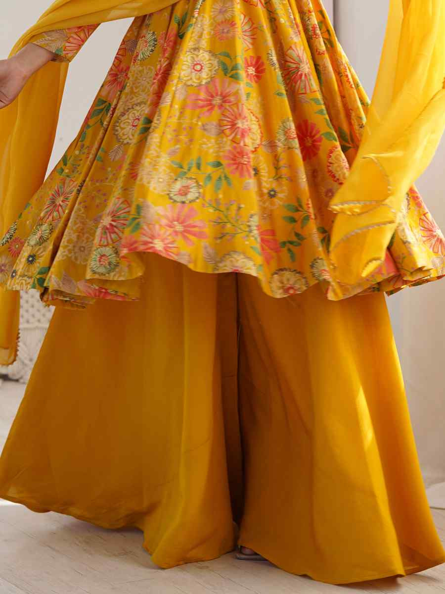 Yellow Heavy Pure Soft Roman Silk Chanderi Embroidered Festival Casual Ready Sharara Pant Salwar Kameez