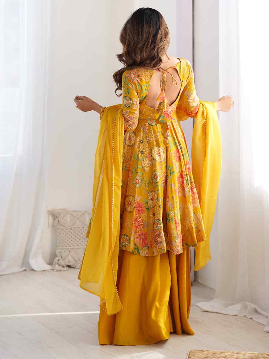 Yellow Heavy Pure Soft Roman Silk Chanderi Embroidered Festival Casual Ready Sharara Pant Salwar Kameez