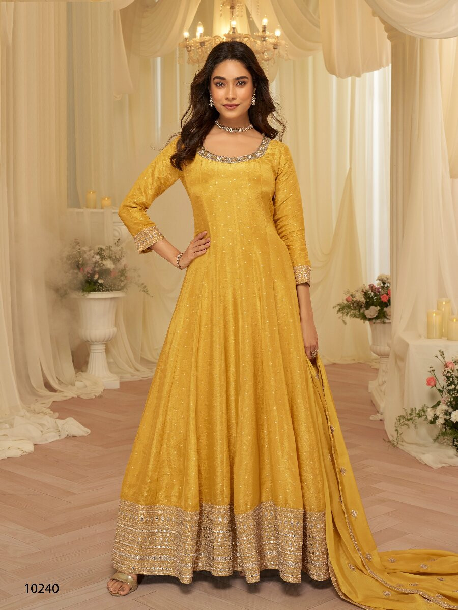 Yellow Heavy Pure Viscos Jecquard Silk Embroidery Zari Wedding Party Festival Casual Ready Anarkali Salwar Kameez