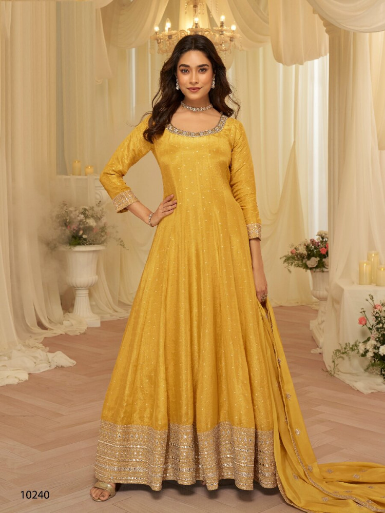 Image of Yellow Heavy Pure Viscos Jecquard Silk Embroidery Zari Wedding Party Festival Casual Ready Anarkali Salwar Kameez