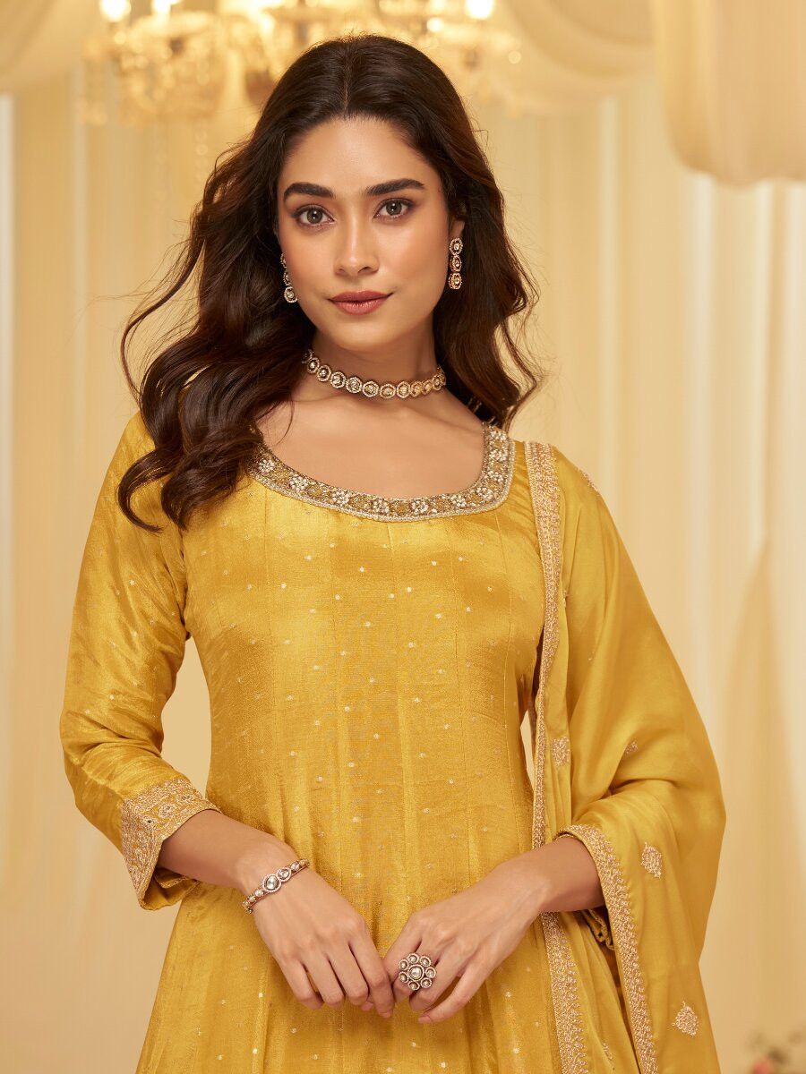 Yellow Heavy Pure Viscos Jecquard Silk Embroidery Zari Wedding Party Festival Casual Ready Anarkali Salwar Kameez
