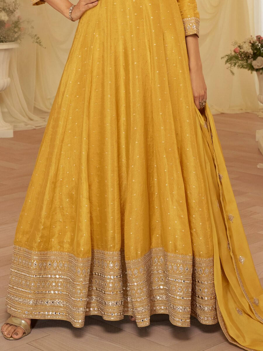 Yellow Heavy Pure Viscos Jecquard Silk Embroidery Zari Wedding Party Festival Casual Ready Anarkali Salwar Kameez