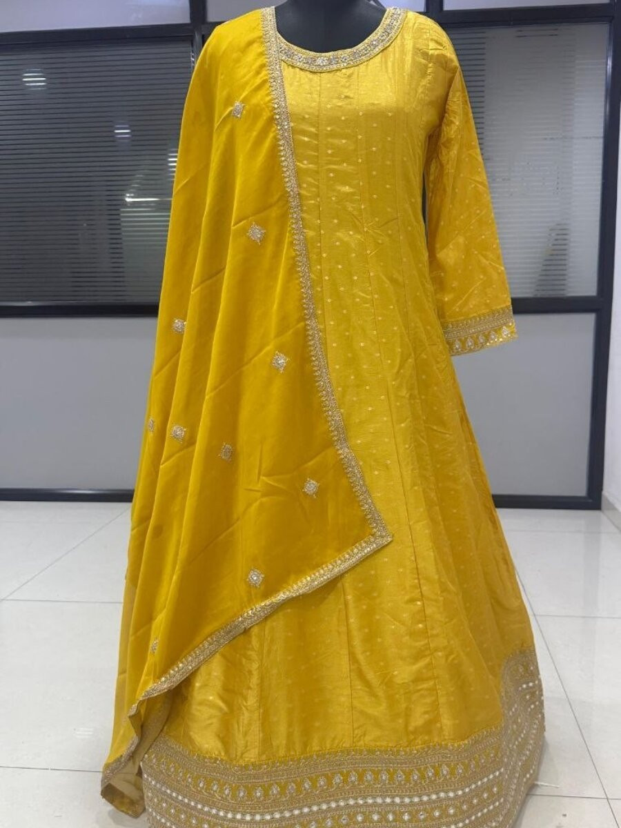Yellow Heavy Pure Viscos Jecquard Silk Embroidery Zari Wedding Party Festival Casual Ready Anarkali Salwar Kameez