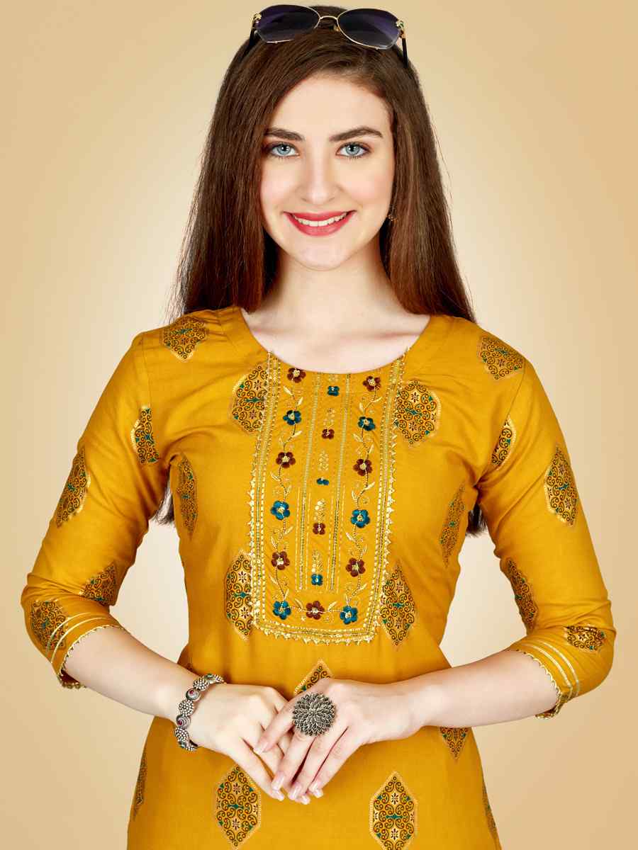 Yellow Heavy Rayon 14 Kgs Embroidered Festival Casual Kurti With Bottom