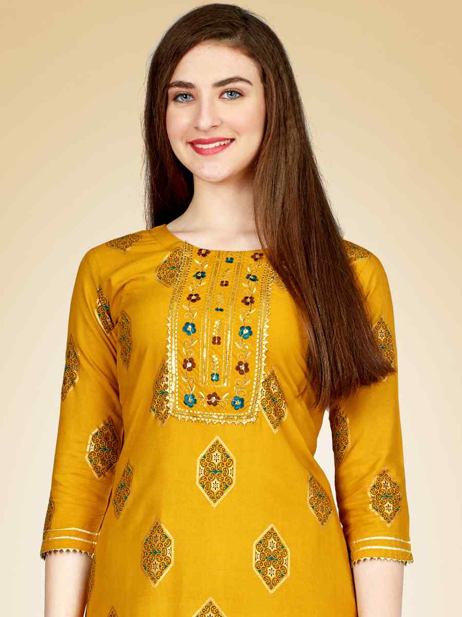 Yellow Heavy Rayon 14 Kgs Embroidered Festival Casual Kurti With Bottom