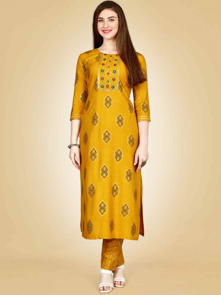 Yellow Heavy Rayon 14 Kgs Embroidered Festival Casual Kurti