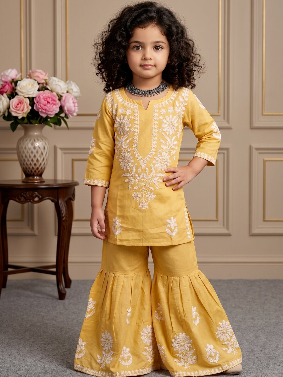 Yellow Heavy rayon cotton Embroidered Ethnic Casual Festival Party Wedding Kurta Sharara Girls Wear
