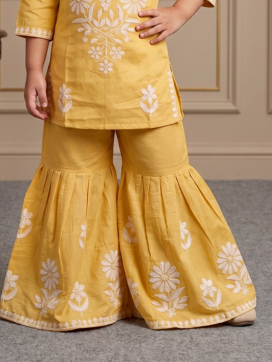 Yellow Heavy rayon cotton Embroidered Ethnic Casual Festival Party Wedding Kurta Sharara Girls Wear