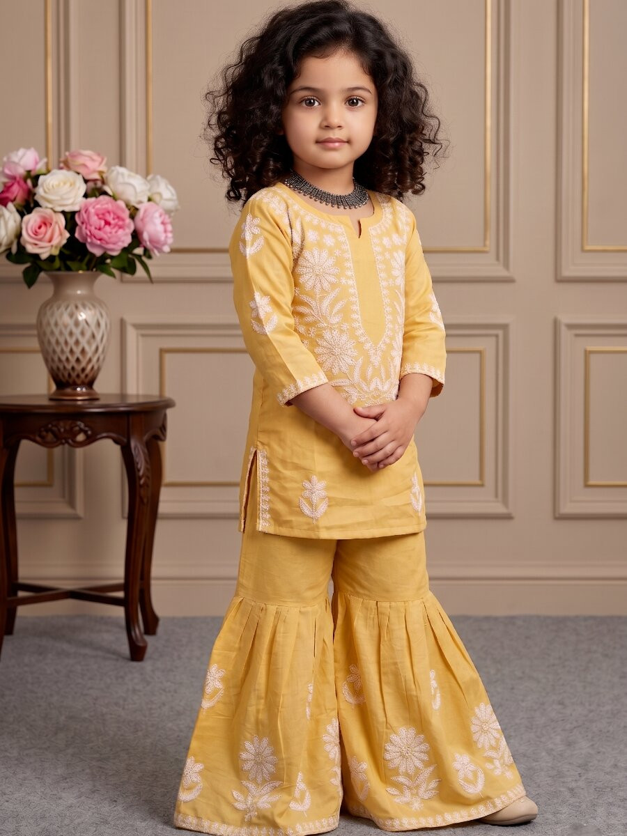 Yellow Heavy rayon cotton Embroidered Ethnic Casual Festival Party Wedding Kurta Sharara Girls Wear