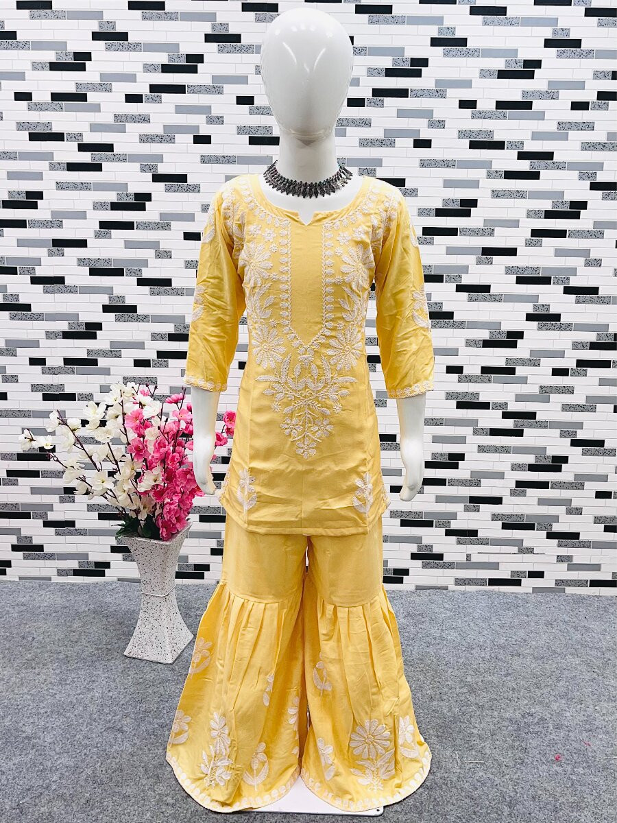 Yellow Heavy rayon cotton Embroidered Ethnic Casual Festival Party Wedding Kurta Sharara Girls Wear