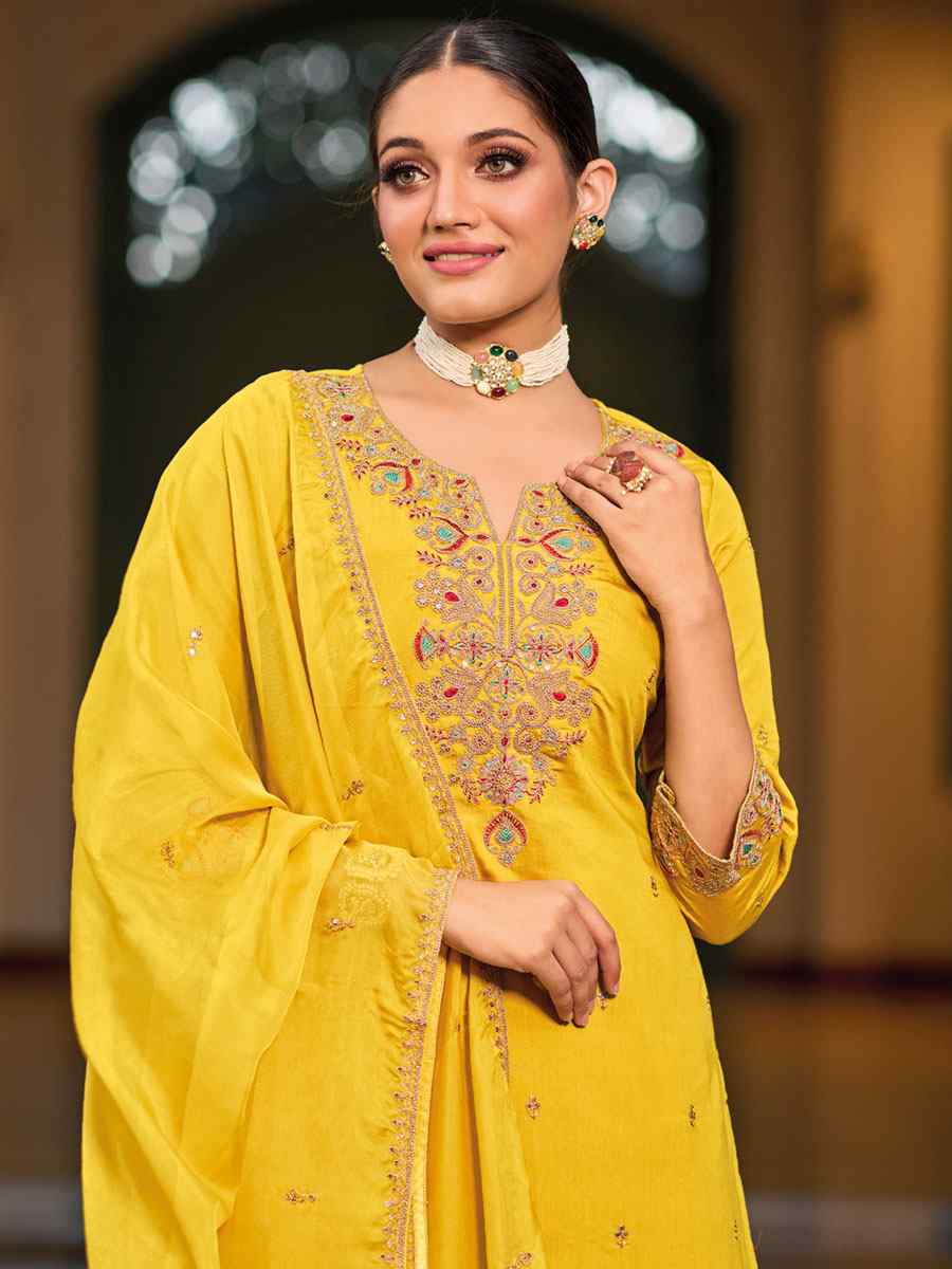 Yellow Heavy Roman Silk Embroidered Festival Mehendi Ready Palazzo Pant Salwar Kameez