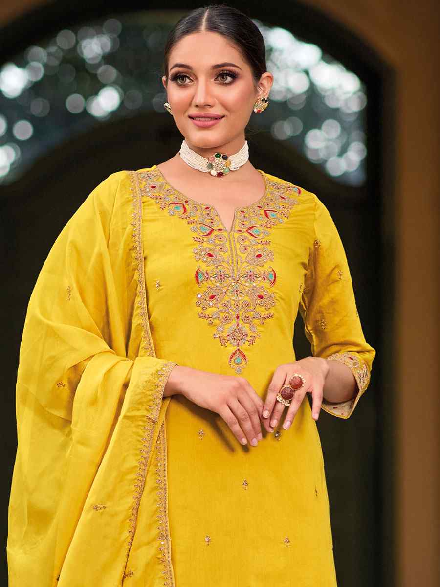 Yellow Heavy Roman Silk Embroidered Festival Mehendi Ready Palazzo Pant Salwar Kameez