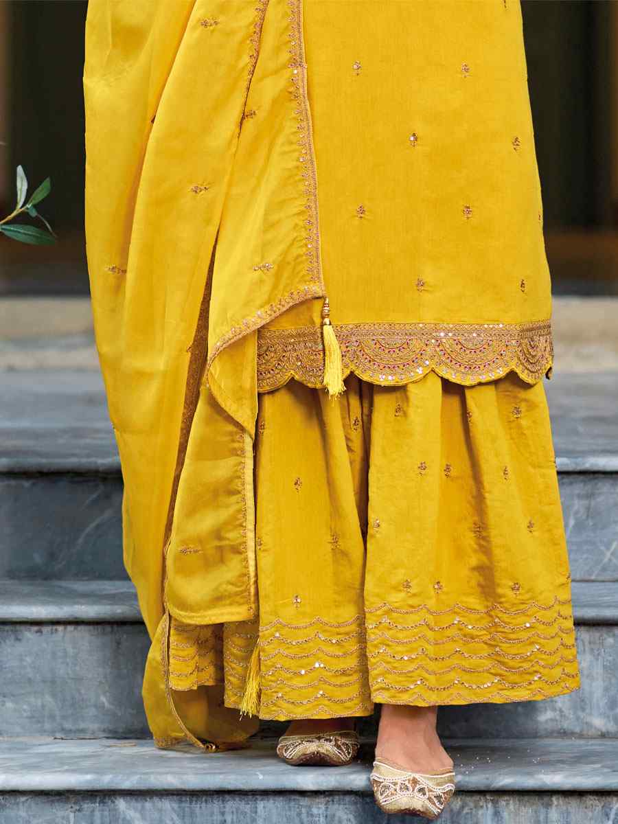 Yellow Heavy Roman Silk Embroidered Festival Mehendi Ready Palazzo Pant Salwar Kameez