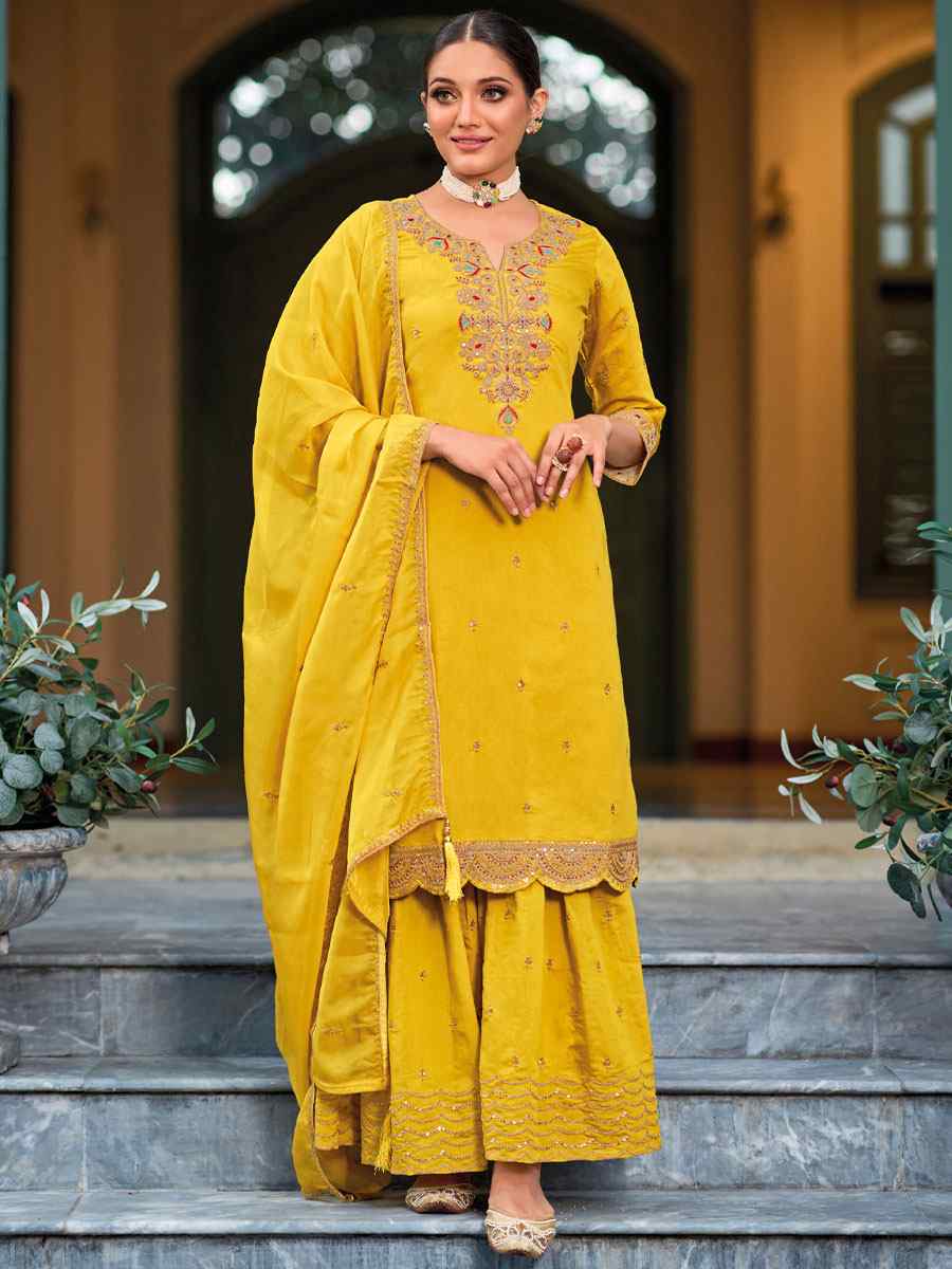 Yellow Heavy Roman Silk Embroidered Festival Mehendi Ready Palazzo Pant Salwar Kameez