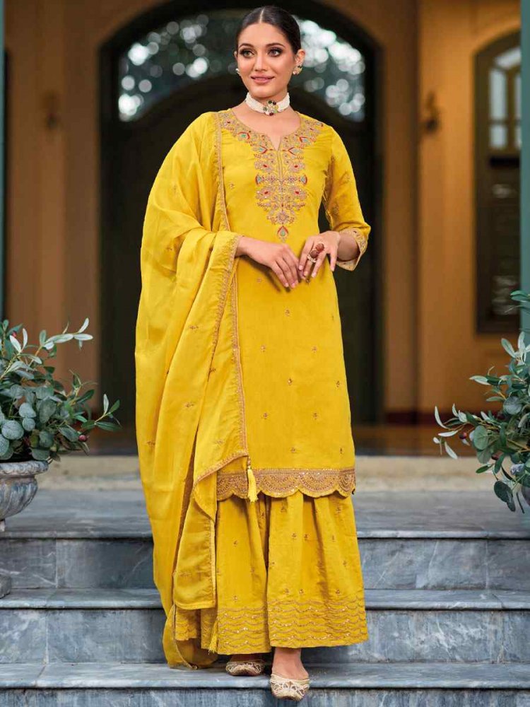Yellow Heavy Roman Silk Embroidered Festival Mehendi Ready Palazzo Pant Salwar Kameez