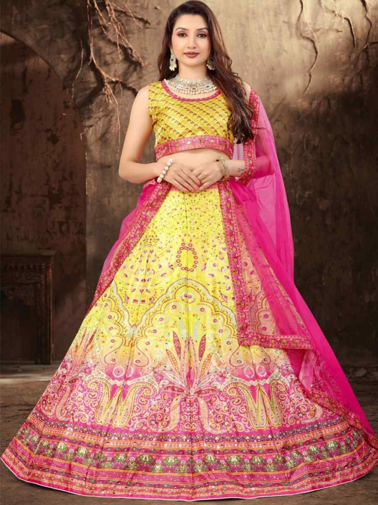 Yellow Heavy Satin Embroidered Festival Wedding Heavy Border Lehenga Choli