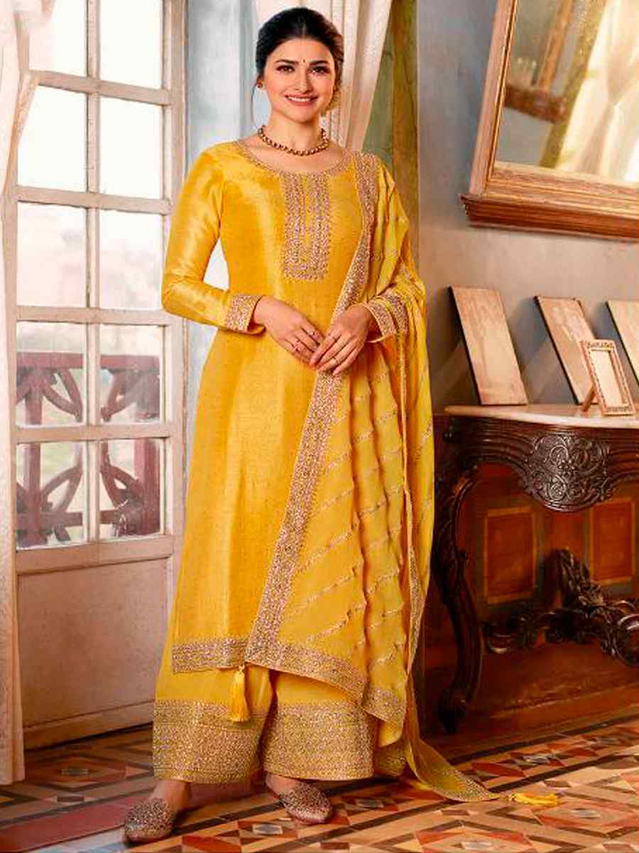 Yellow Heavy Silk Georgette Embroidered Wedding Festival Bollywood Palazzo Pant Salwar Kameez