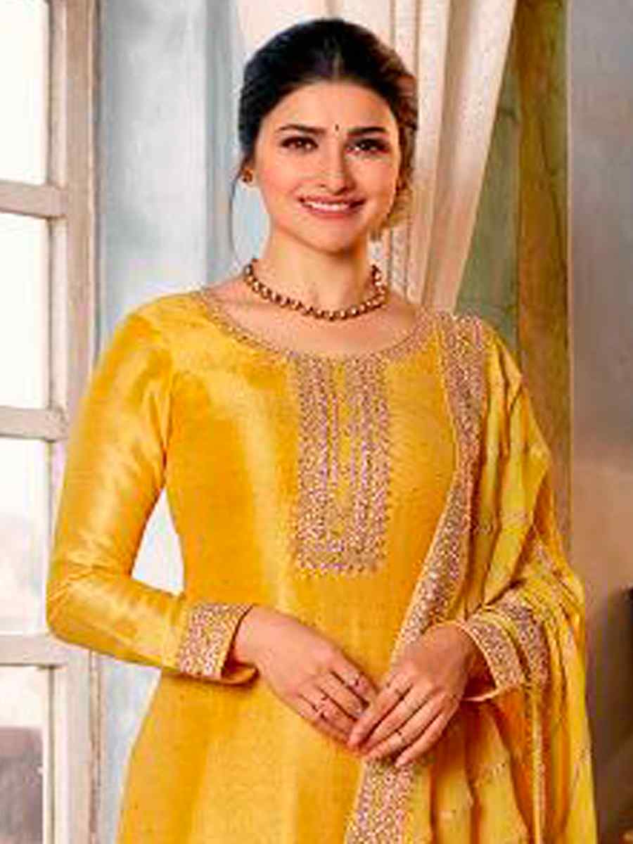 Yellow Heavy Silk Georgette Embroidered Wedding Festival Bollywood Palazzo Pant Salwar Kameez