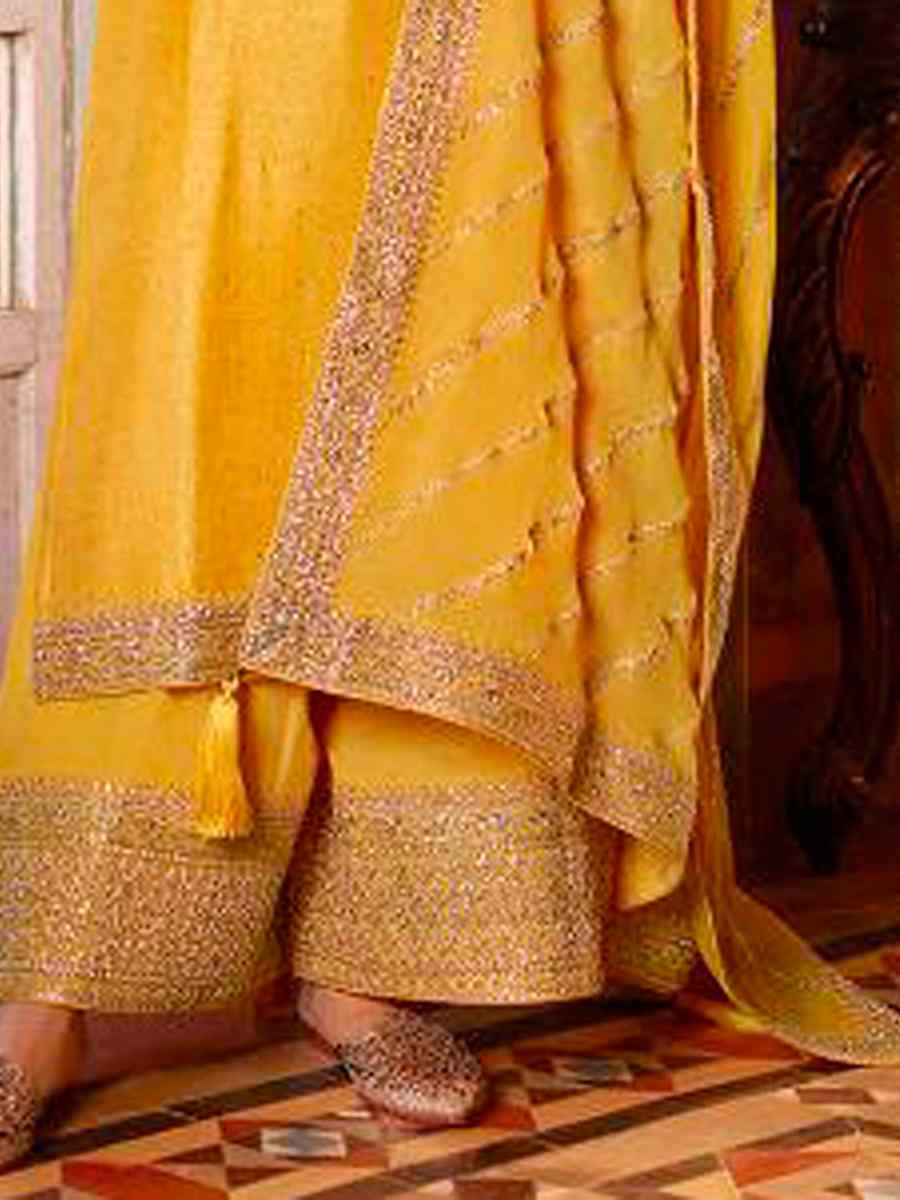 Yellow Heavy Silk Georgette Embroidered Wedding Festival Bollywood Palazzo Pant Salwar Kameez