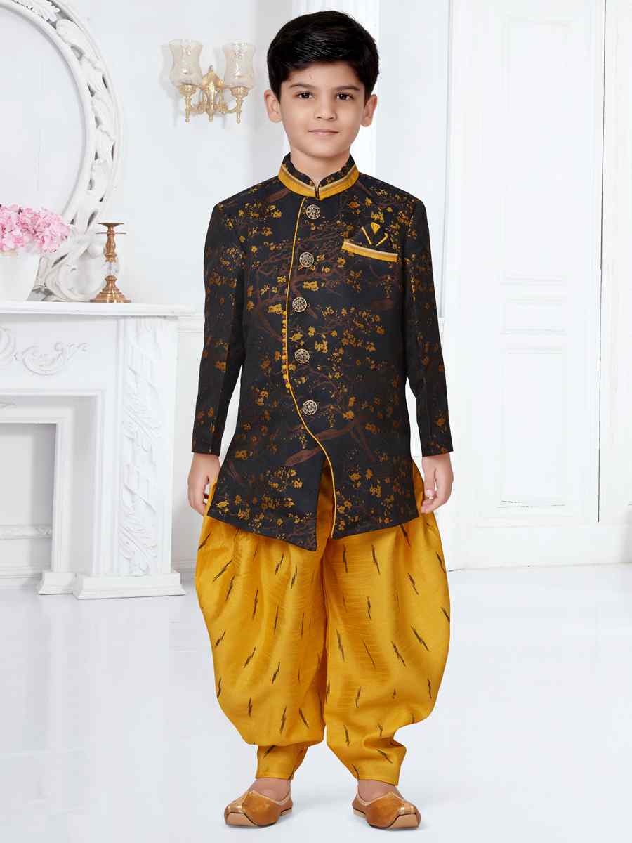 Yellow Heavy Soft Jacquard Floral Party Festival Kurta Dhoti Boys Wear