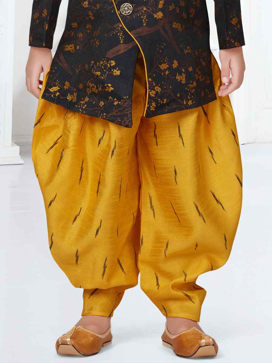 Yellow Heavy Soft Jacquard Floral Party Festival Kurta Dhoti Boys Wear