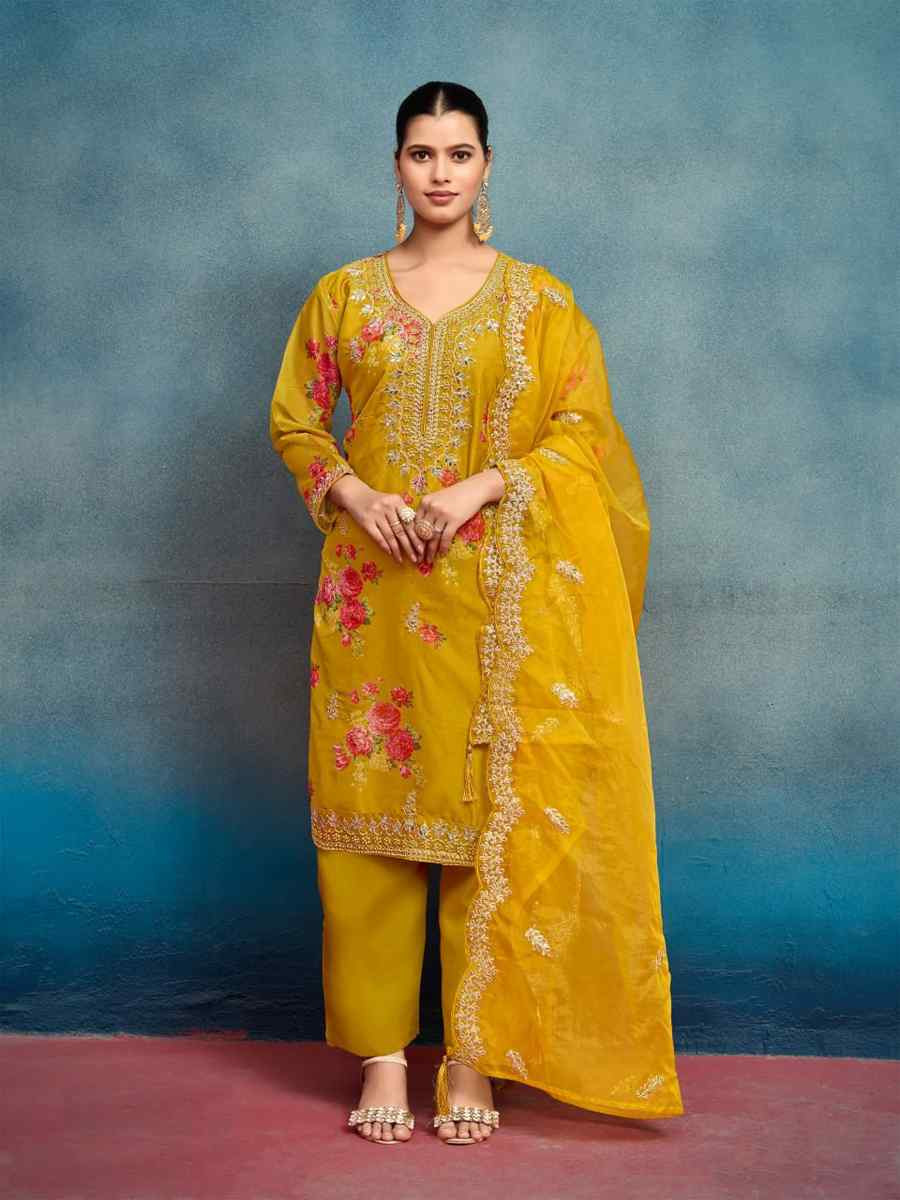 Yellow Heavy Tebby Silk Embroidered Festival Casual Ready Pant Salwar Kameez