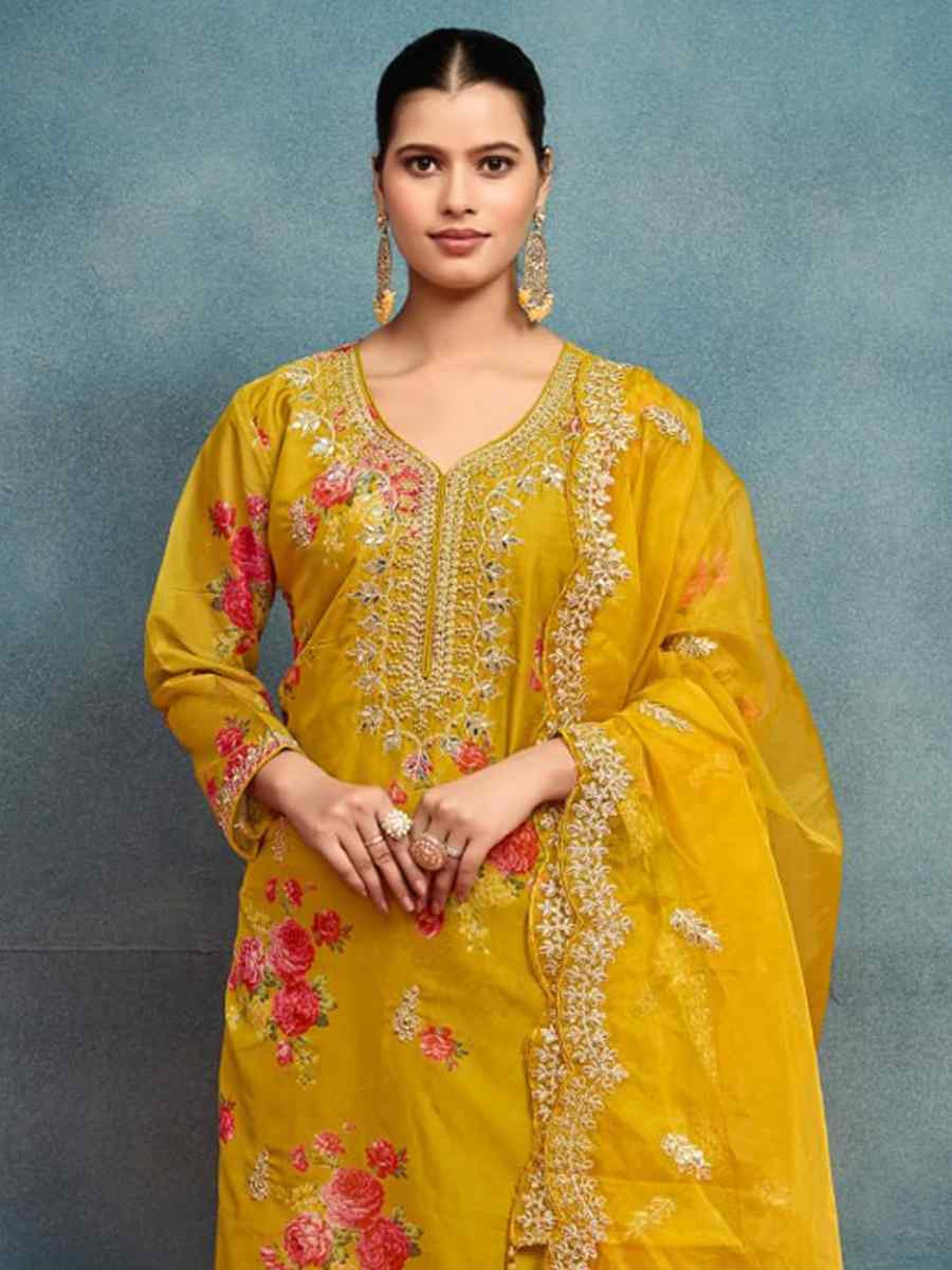 Yellow Heavy Tebby Silk Embroidered Festival Casual Ready Pant Salwar Kameez