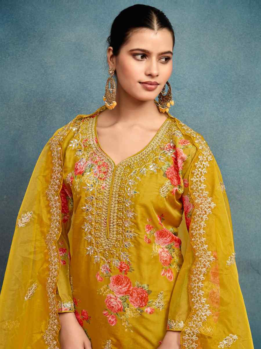 Yellow Heavy Tebby Silk Embroidered Festival Casual Ready Pant Salwar Kameez