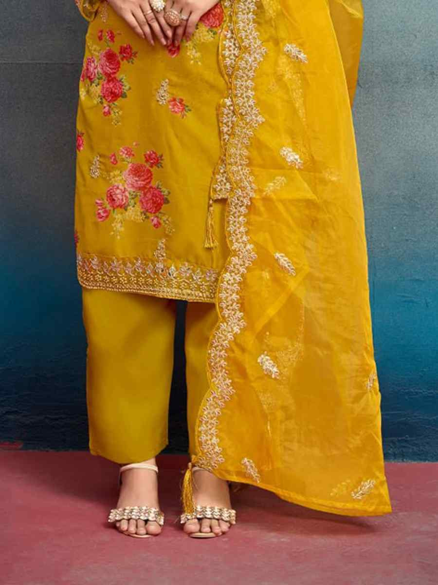 Yellow Heavy Tebby Silk Embroidered Festival Casual Ready Pant Salwar Kameez