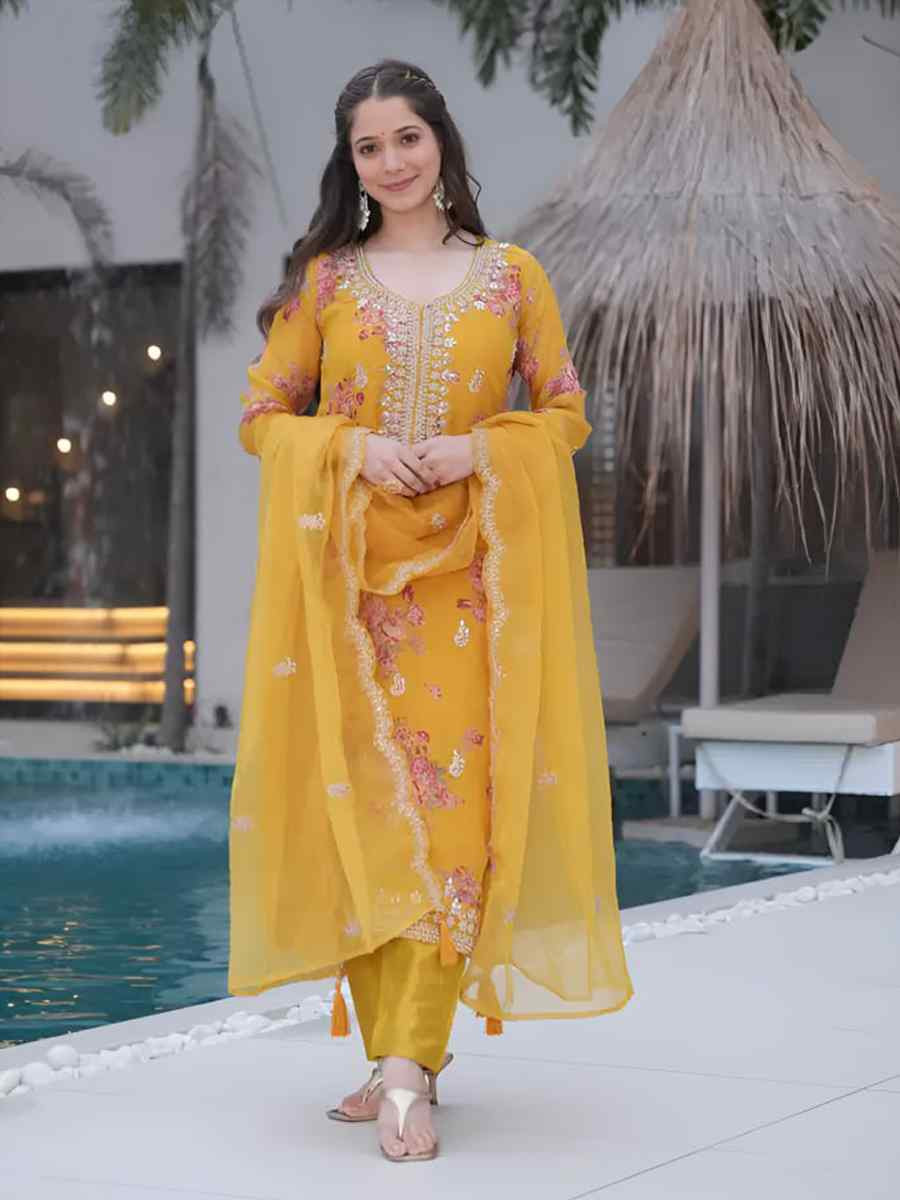 Yellow Heavy Tebby Silk Embroidered Party Wedding Ready Pant Salwar Kameez