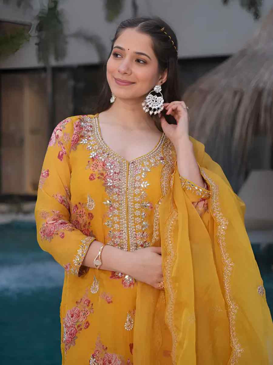 Yellow Heavy Tebby Silk Embroidered Party Wedding Ready Pant Salwar Kameez