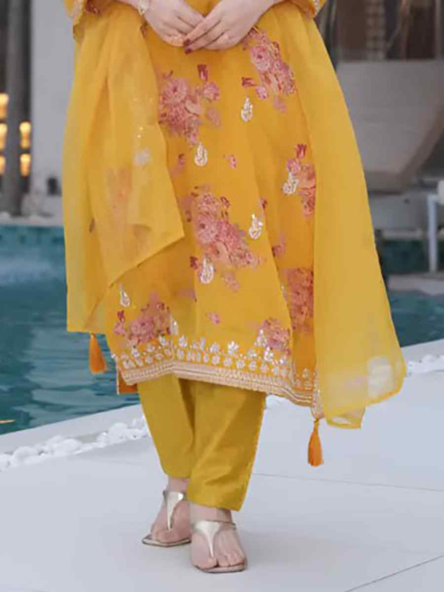 Yellow Heavy Tebby Silk Embroidered Party Wedding Ready Pant Salwar Kameez