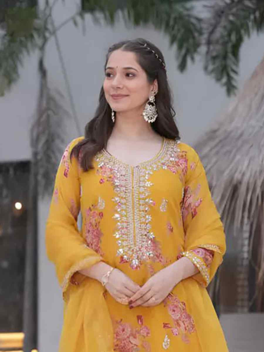 Yellow Heavy Tebby Silk Embroidered Party Wedding Ready Pant Salwar Kameez