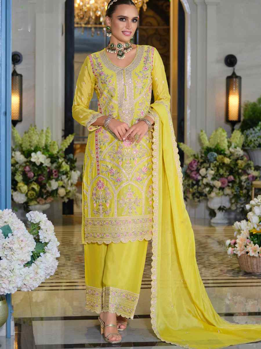 Yellow Hevey Chinon Embroidered Festival Mehendi Ready Pant Salwar Kameez
