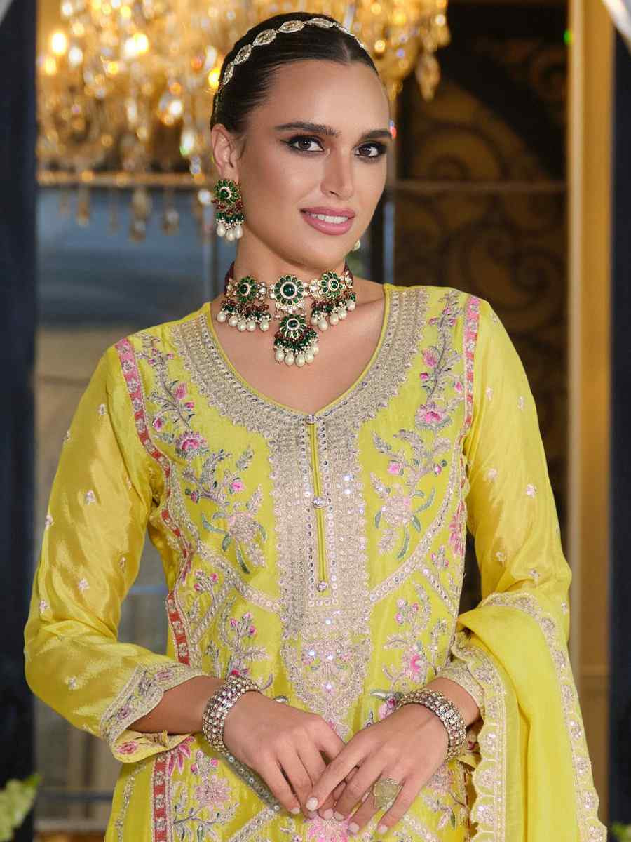 Yellow Hevey Chinon Embroidered Festival Mehendi Ready Pant Salwar Kameez