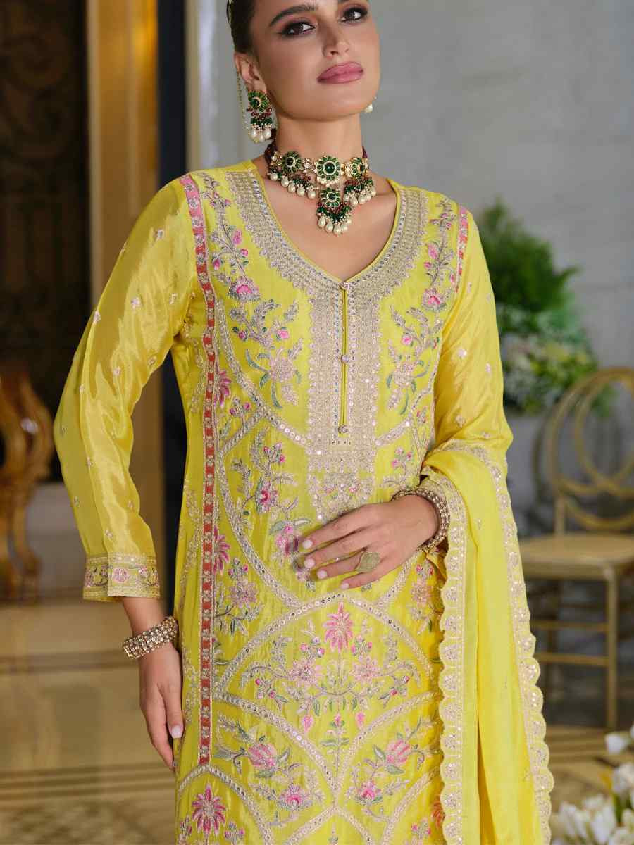 Yellow Hevey Chinon Embroidered Festival Mehendi Ready Pant Salwar Kameez