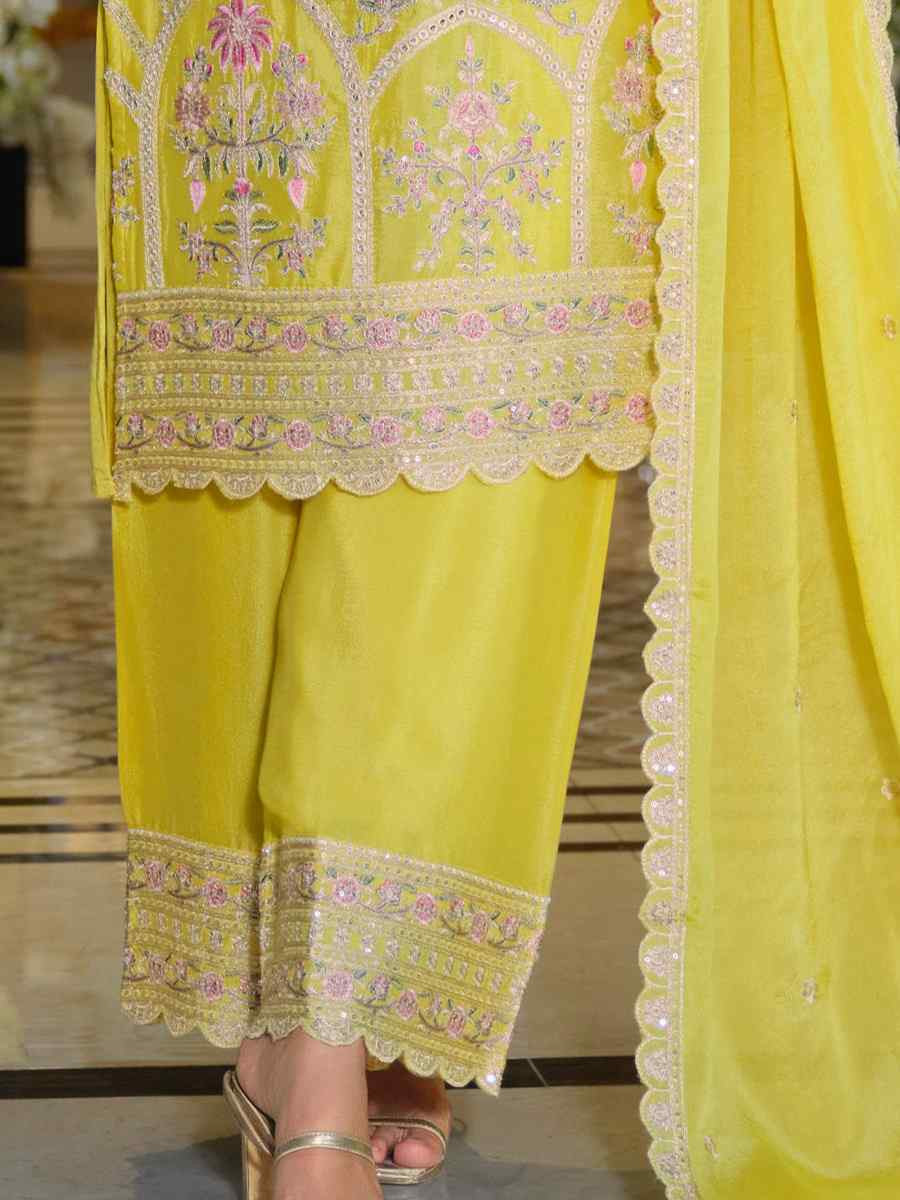 Yellow Hevey Chinon Embroidered Festival Mehendi Ready Pant Salwar Kameez