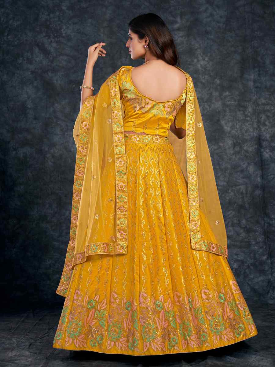 Yellow Italian Silk Embroidered Wedding Festival Heavy Border Lehenga Choli