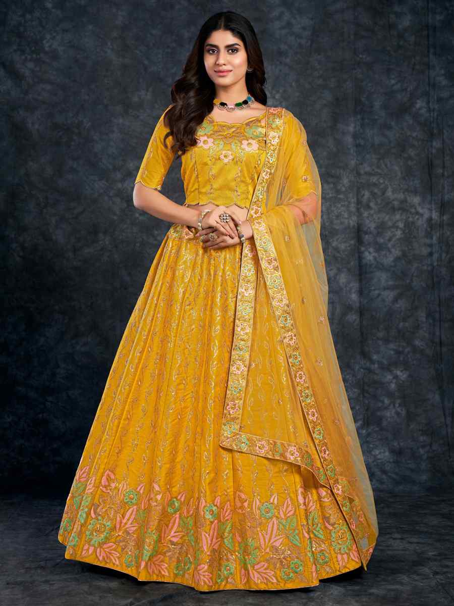 Yellow Italian Silk Embroidered Wedding Festival Heavy Border Lehenga Choli