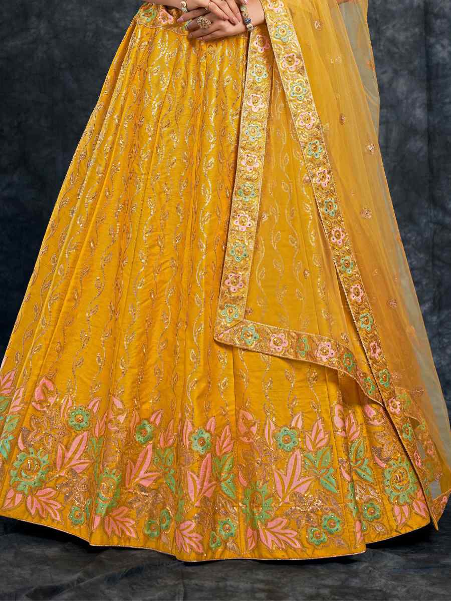 Yellow Italian Silk Embroidered Wedding Festival Heavy Border Lehenga Choli