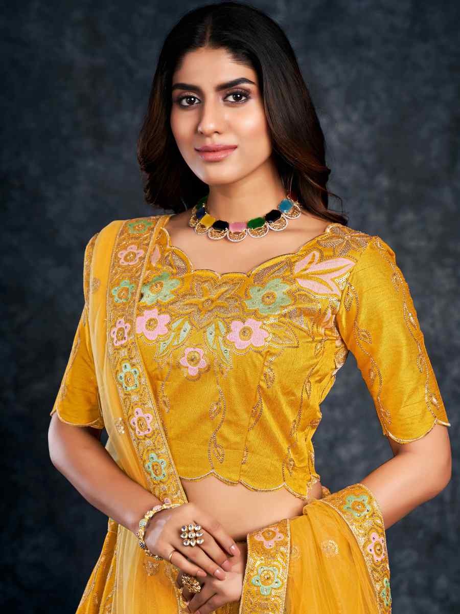 Yellow Italian Silk Embroidered Wedding Festival Heavy Border Lehenga Choli