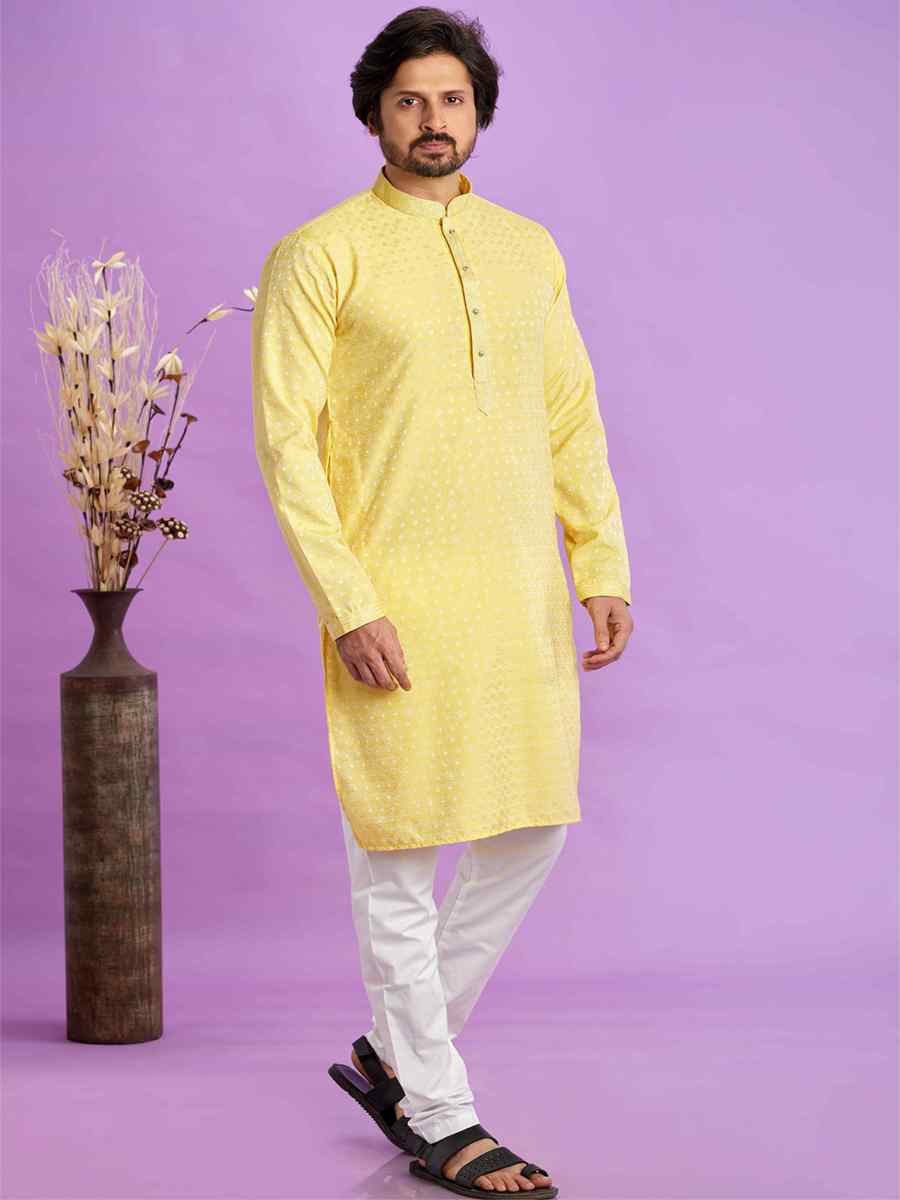 Yellow Jacquard Art Soft Silk Printed Festival Casual Kurta