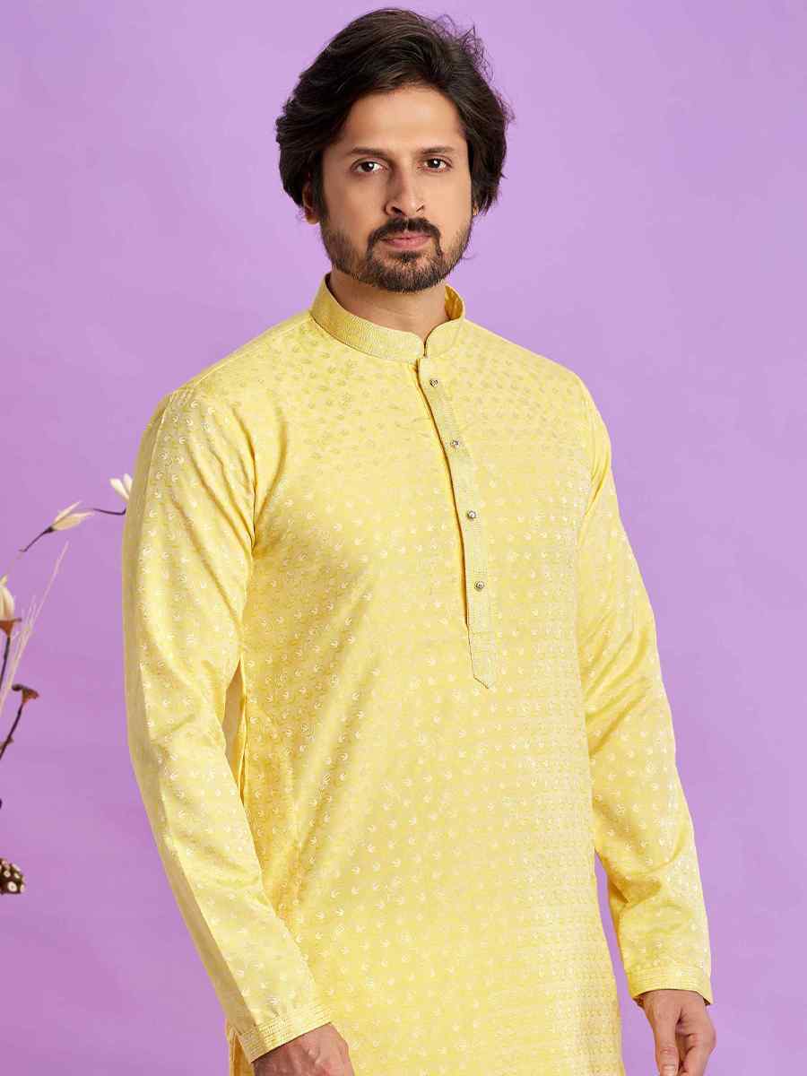 Yellow Jacquard Art Soft Silk Printed Festival Casual Kurta