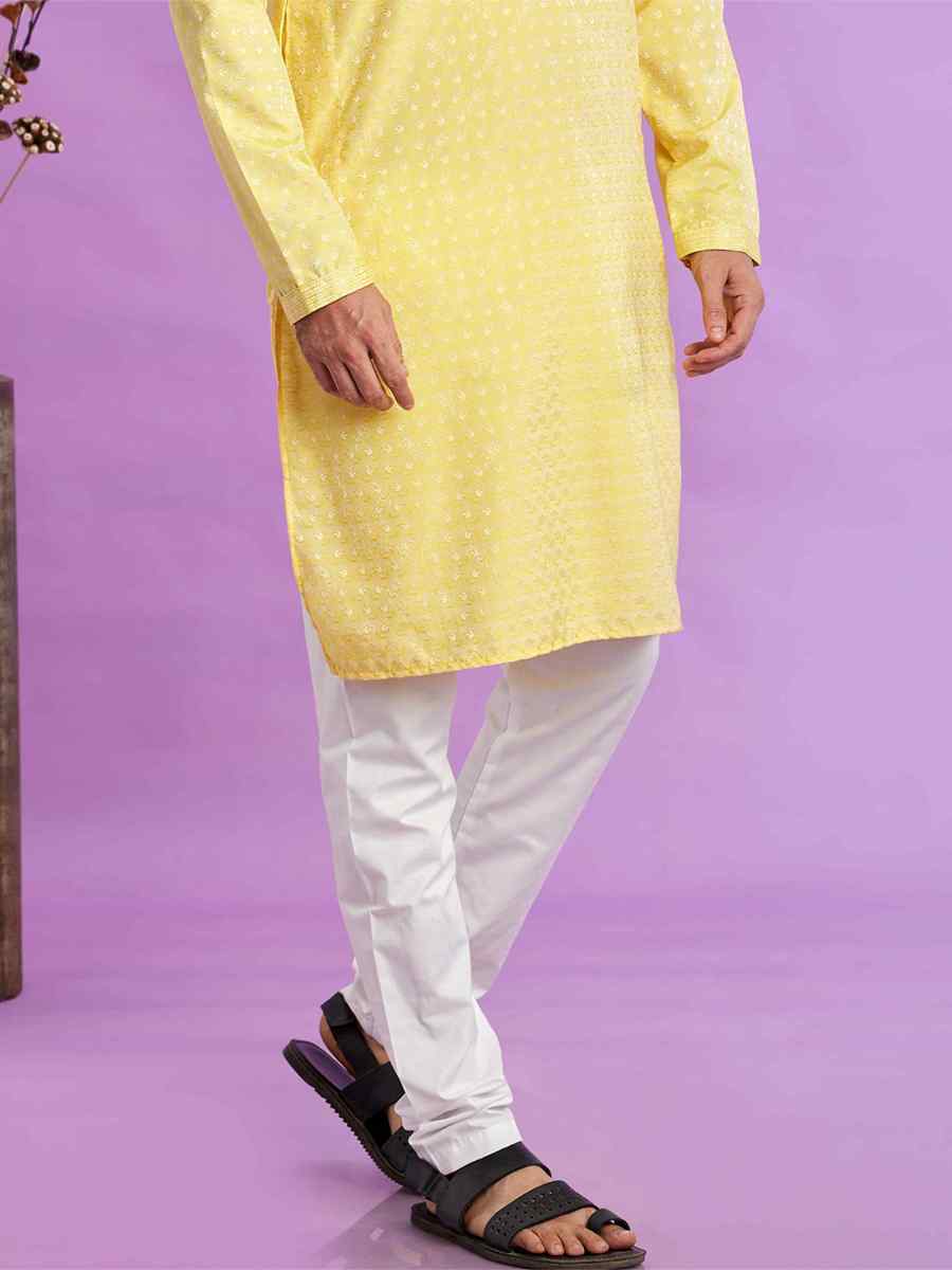 Yellow Jacquard Art Soft Silk Printed Festival Casual Kurta