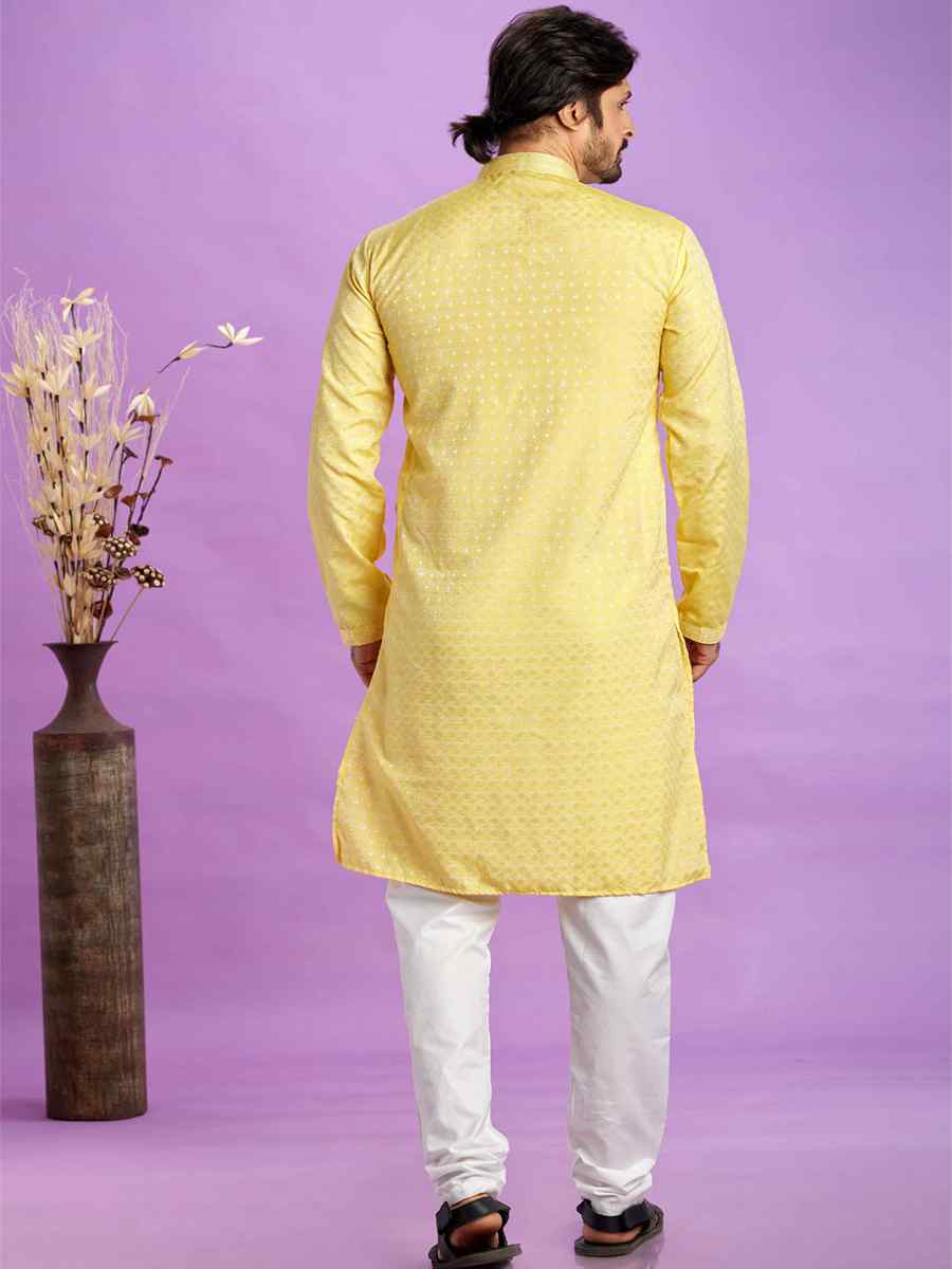 Yellow Jacquard Art Soft Silk Printed Festival Casual Kurta