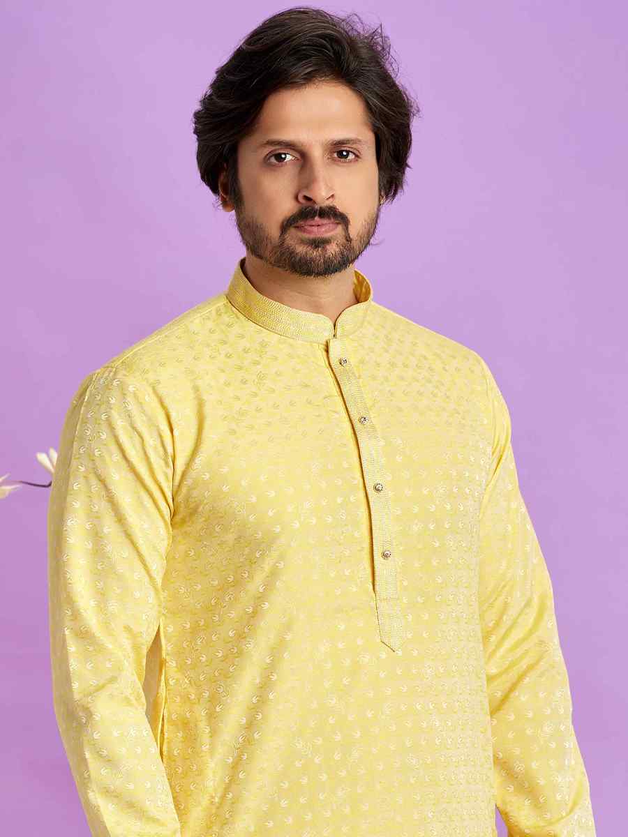 Yellow Jacquard Art Soft Silk Printed Festival Casual Kurta